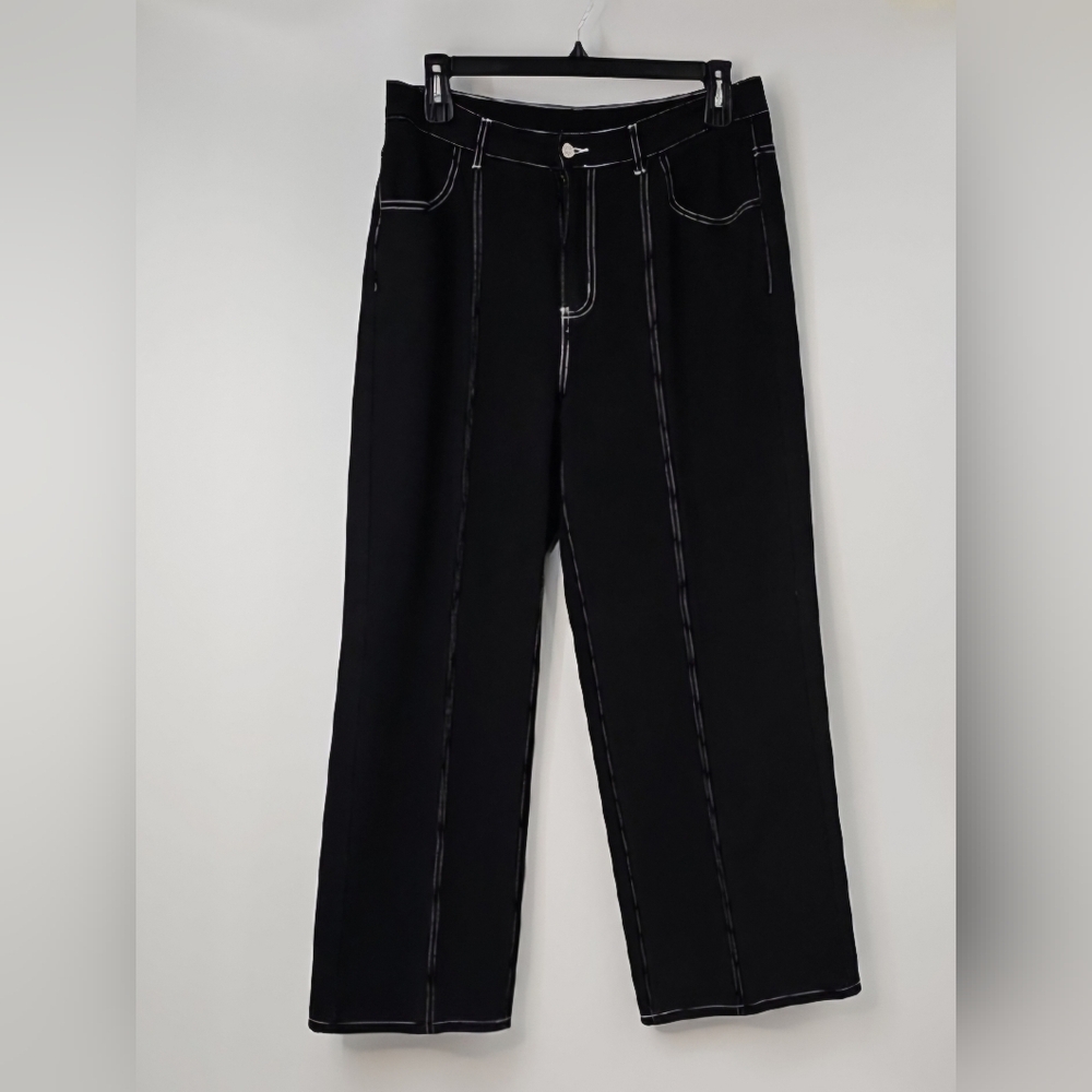 Elegant Black Wide Leg Structured Jeans wWhite Stitching & Pockets Office‎ Work